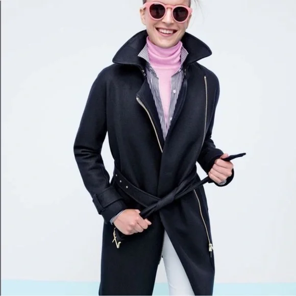 NWT J Crew Belted Zip Trench Coat Wool Melton Outerwear $398 - Navy Blue - 6
